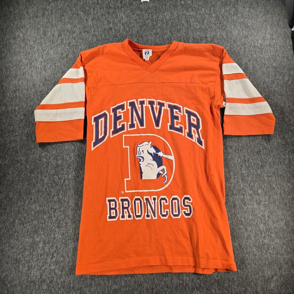 Vintage Denver Broncos Logo 7 Shirt Mens Medium Orange V-Neck Jersey USA Made